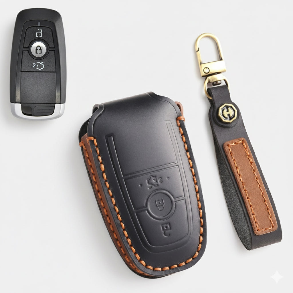 Premium Leather Key Fob Cover for Ford F150 F250 Mustang - Protective Case for 3/4/5 Button Remotes (Fits Bronco/Ranger/Edge)