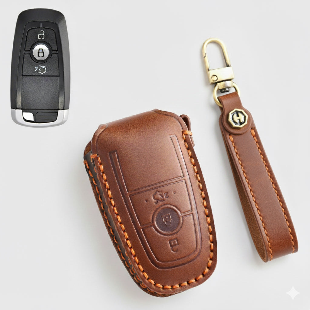Premium Leather Key Fob Cover for Ford F150 F250 Mustang - Protective Case for 3/4/5 Button Remotes (Fits Bronco/Ranger/Edge)