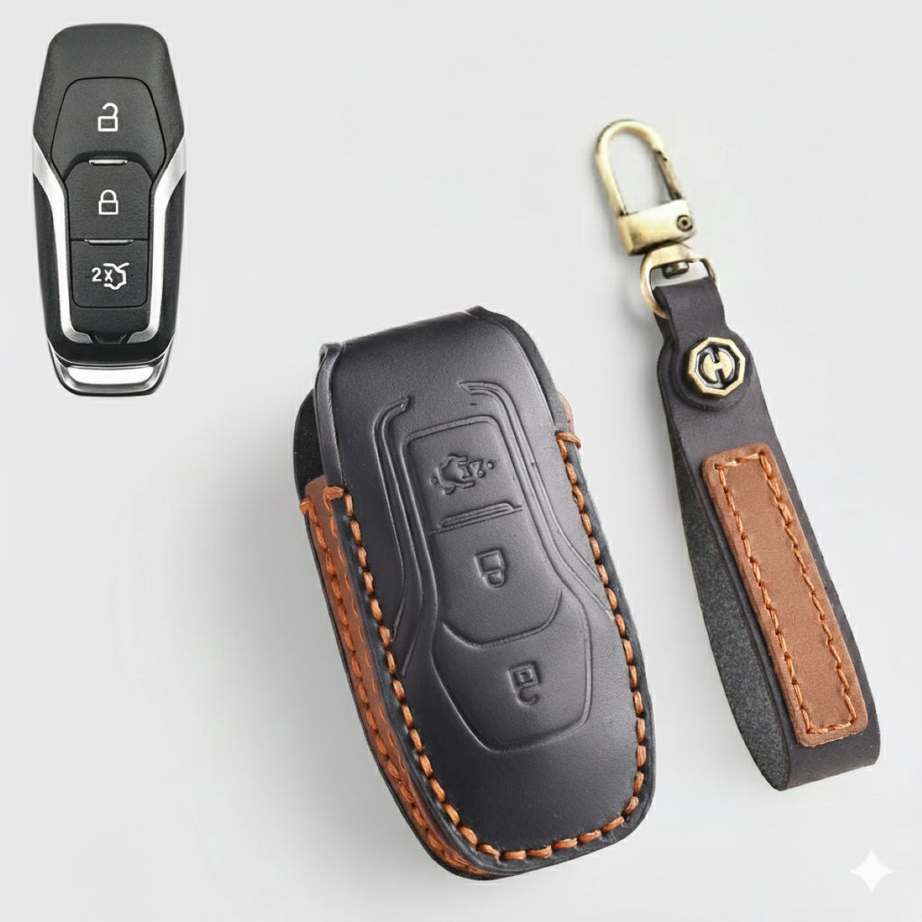Premium Leather Key Fob Cover for Ford F150 F250 Mustang - Protective Case for 3/4/5 Button Remotes (Fits Bronco/Ranger/Edge)