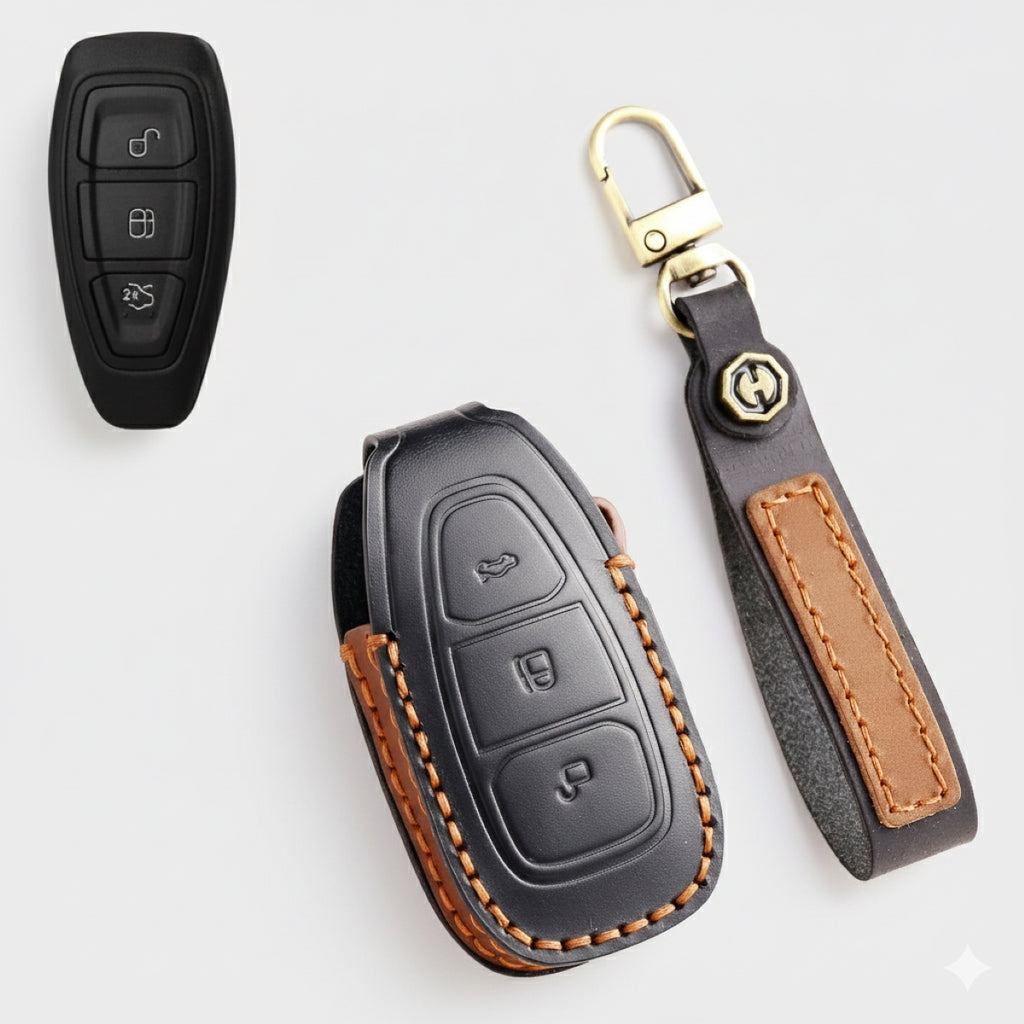Premium Leather Key Fob Cover for Ford F150 F250 Mustang - Protective Case for 3/4/5 Button Remotes (Fits Bronco/Ranger/Edge)