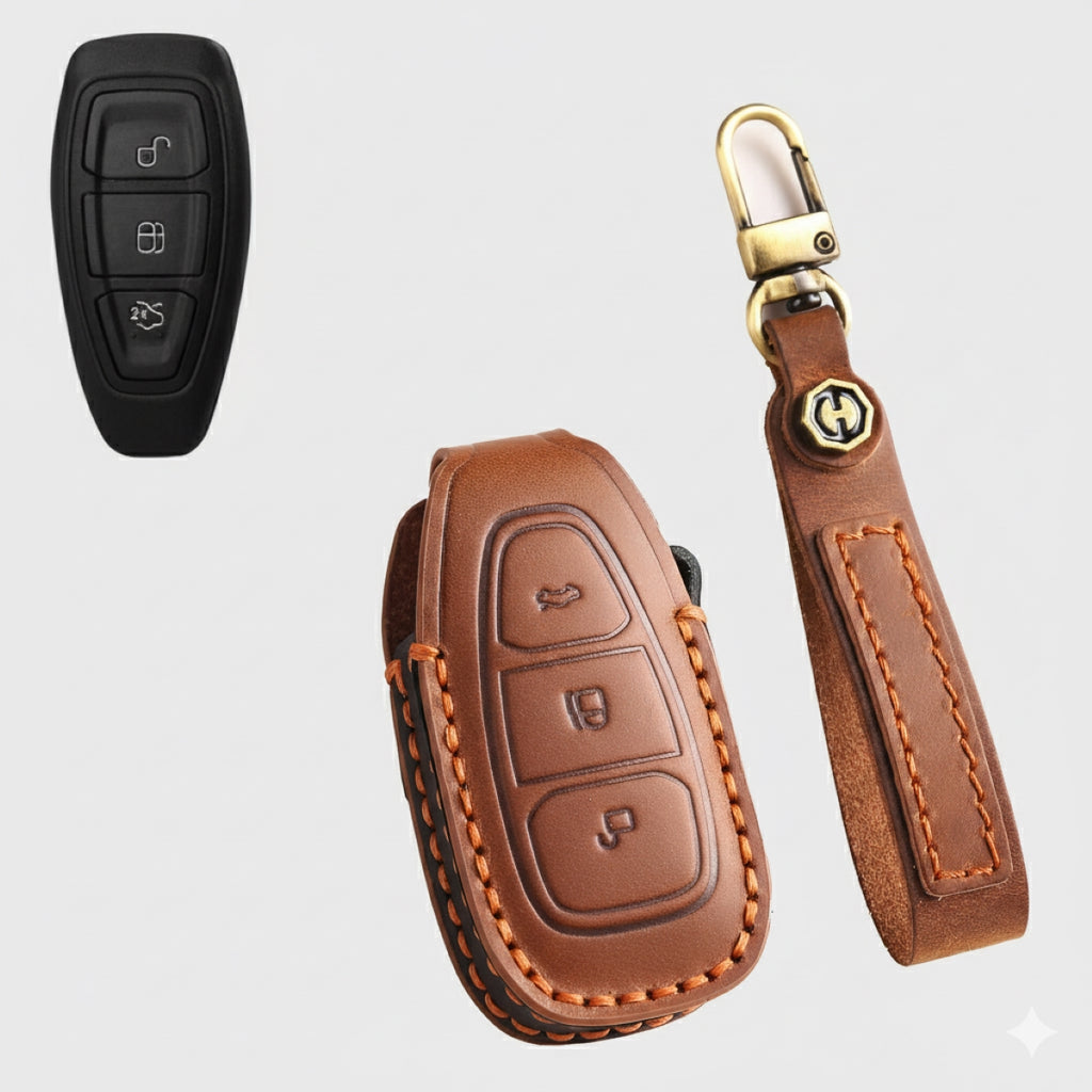 Premium Leather Key Fob Cover for Ford F150 F250 Mustang - Protective Case for 3/4/5 Button Remotes (Fits Bronco/Ranger/Edge)