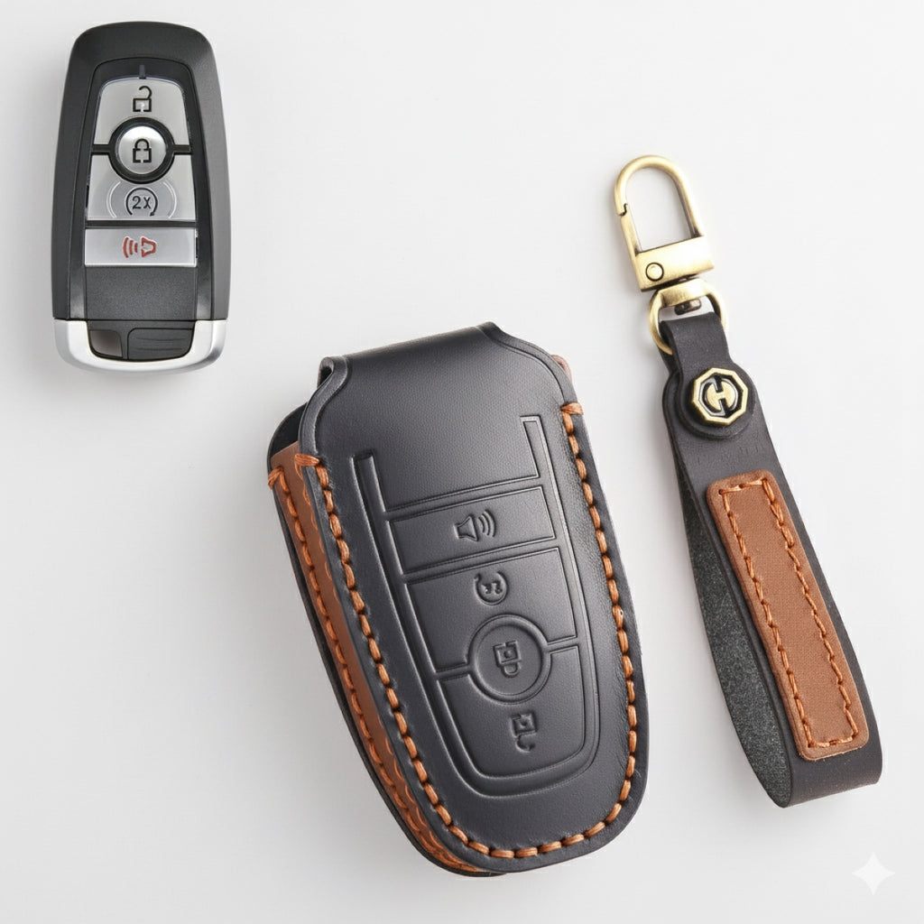 Premium Leather Key Fob Cover for Ford F150 F250 Mustang - Protective Case for 3/4/5 Button Remotes (Fits Bronco/Ranger/Edge)