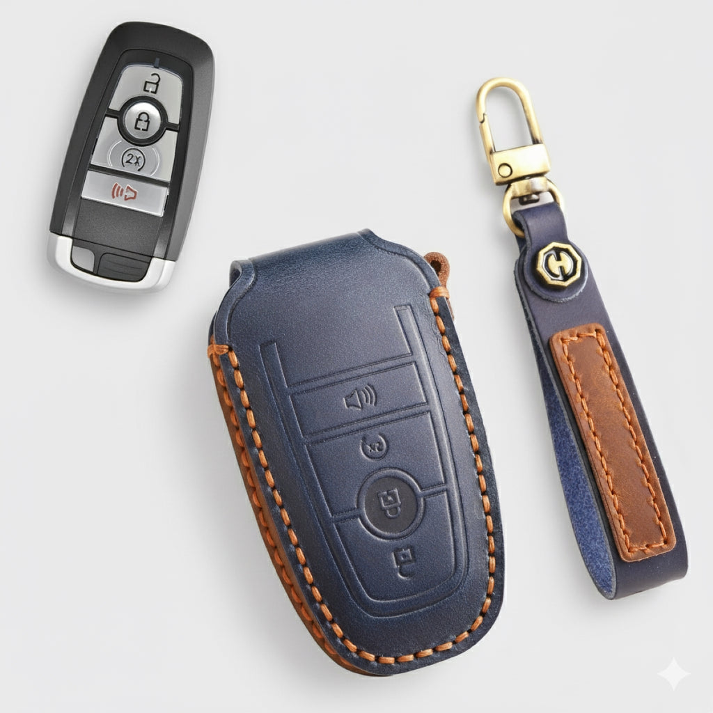 Premium Leather Key Fob Cover for Ford F150 F250 Mustang - Protective Case for 3/4/5 Button Remotes (Fits Bronco/Ranger/Edge)