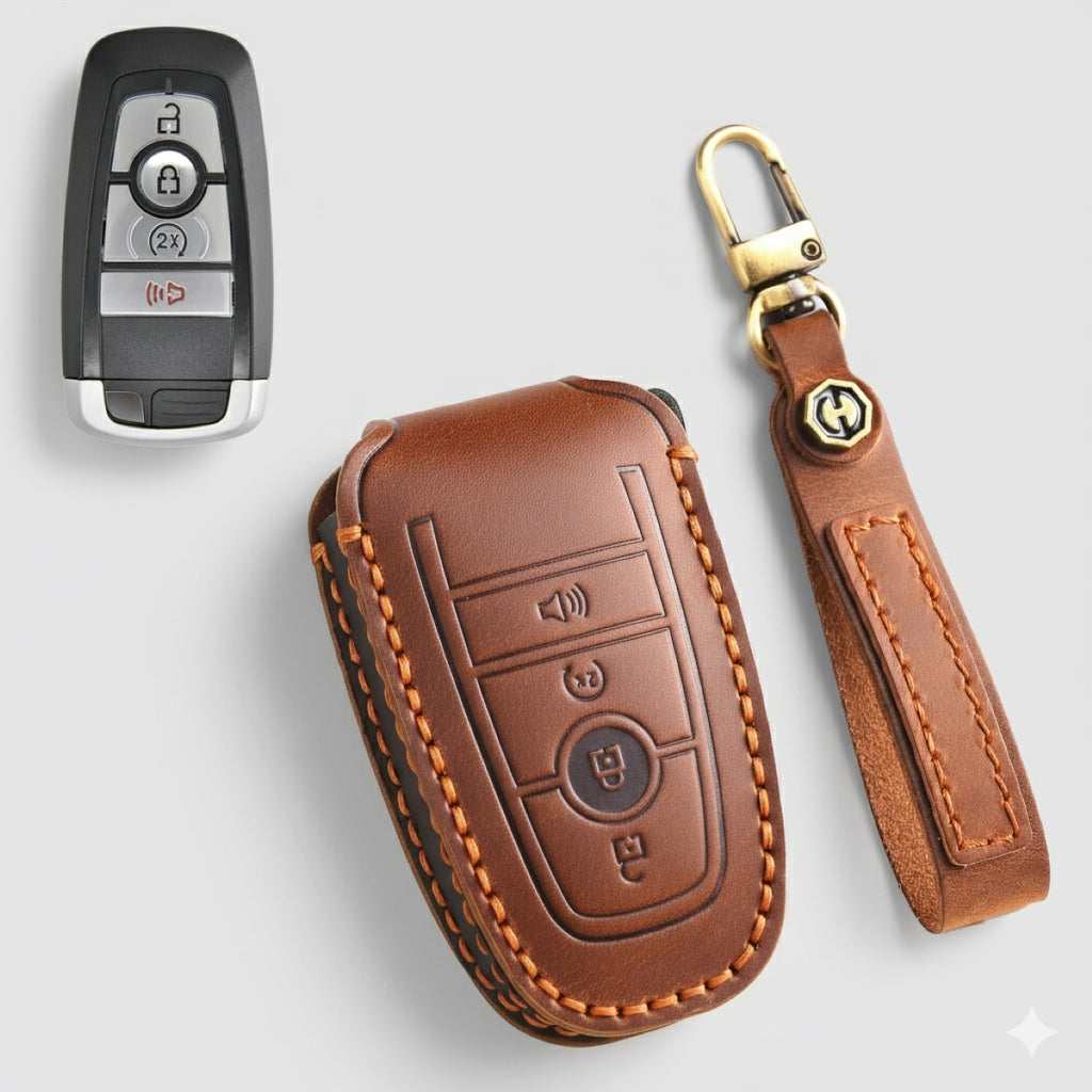 Premium Leather Key Fob Cover for Ford F150 F250 Mustang - Protective Case for 3/4/5 Button Remotes (Fits Bronco/Ranger/Edge)