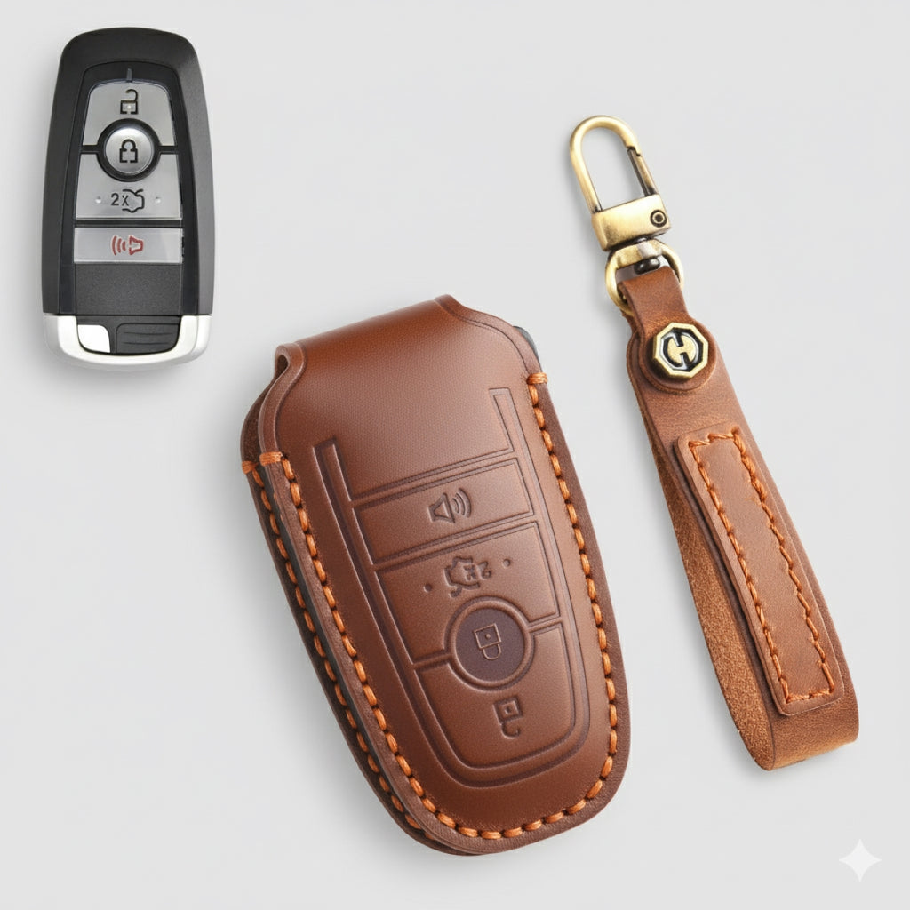 Premium Leather Key Fob Cover for Ford F150 F250 Mustang - Protective Case for 3/4/5 Button Remotes (Fits Bronco/Ranger/Edge)