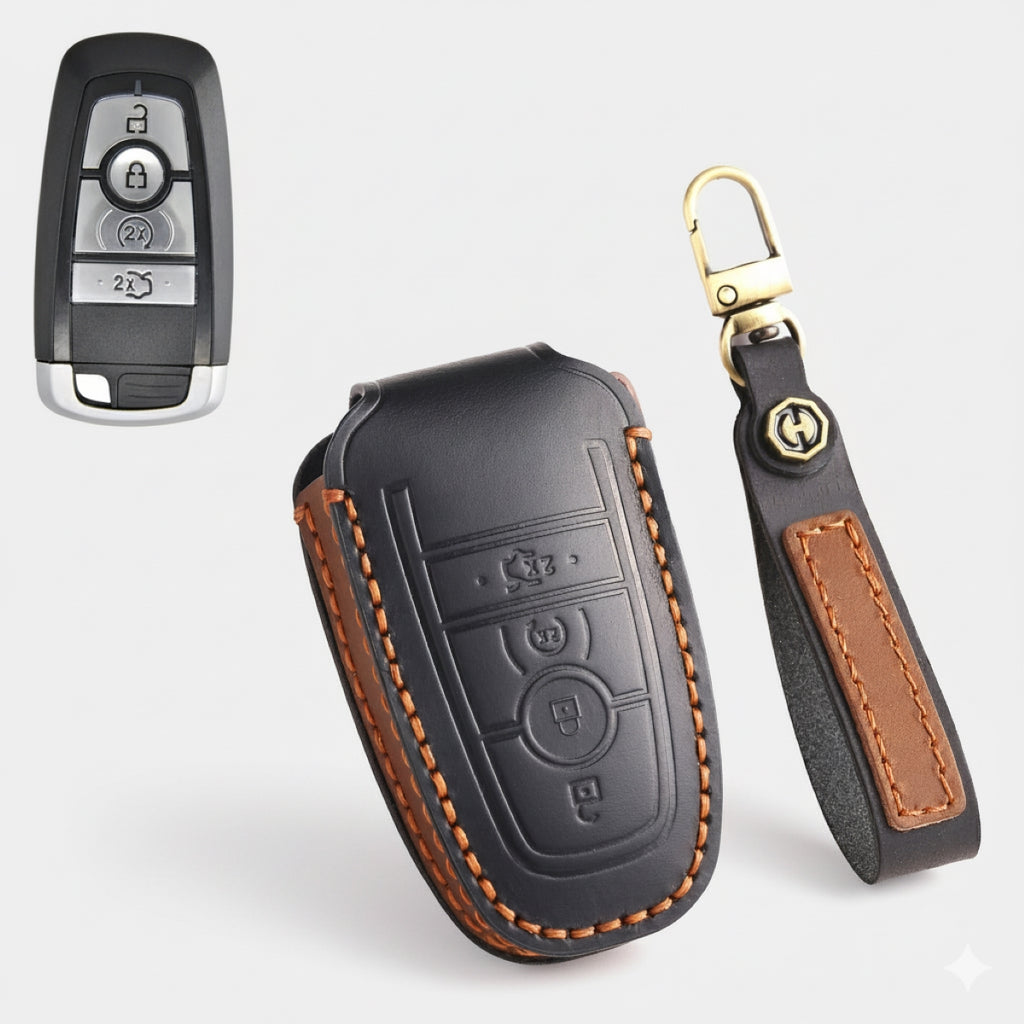Premium Leather Key Fob Cover for Ford F150 F250 Mustang - Protective Case for 3/4/5 Button Remotes (Fits Bronco/Ranger/Edge)