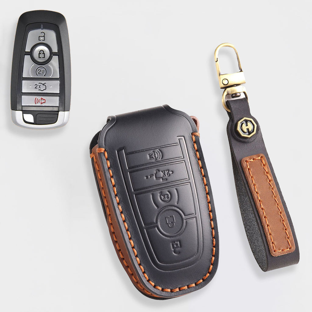 Premium Leather Key Fob Cover for Ford F150 F250 Mustang - Protective Case for 3/4/5 Button Remotes (Fits Bronco/Ranger/Edge)