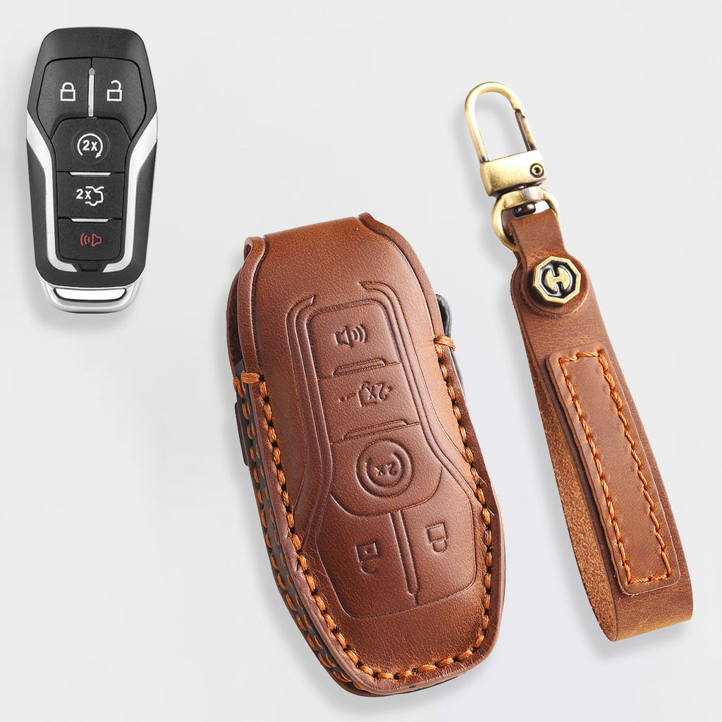 Premium Leather Key Fob Cover for Ford F150 F250 Mustang - Protective Case for 3/4/5 Button Remotes (Fits Bronco/Ranger/Edge)